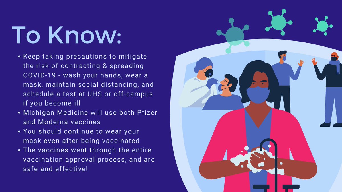 Remember to keep taking all precautions before and after you are vaccinated - wear a mask, wash your hands, maintain social distancing. Both the Pfizer and Moderna vaccines, which Michigan Medicine will use, are safe and effective and went through the full approval process!
