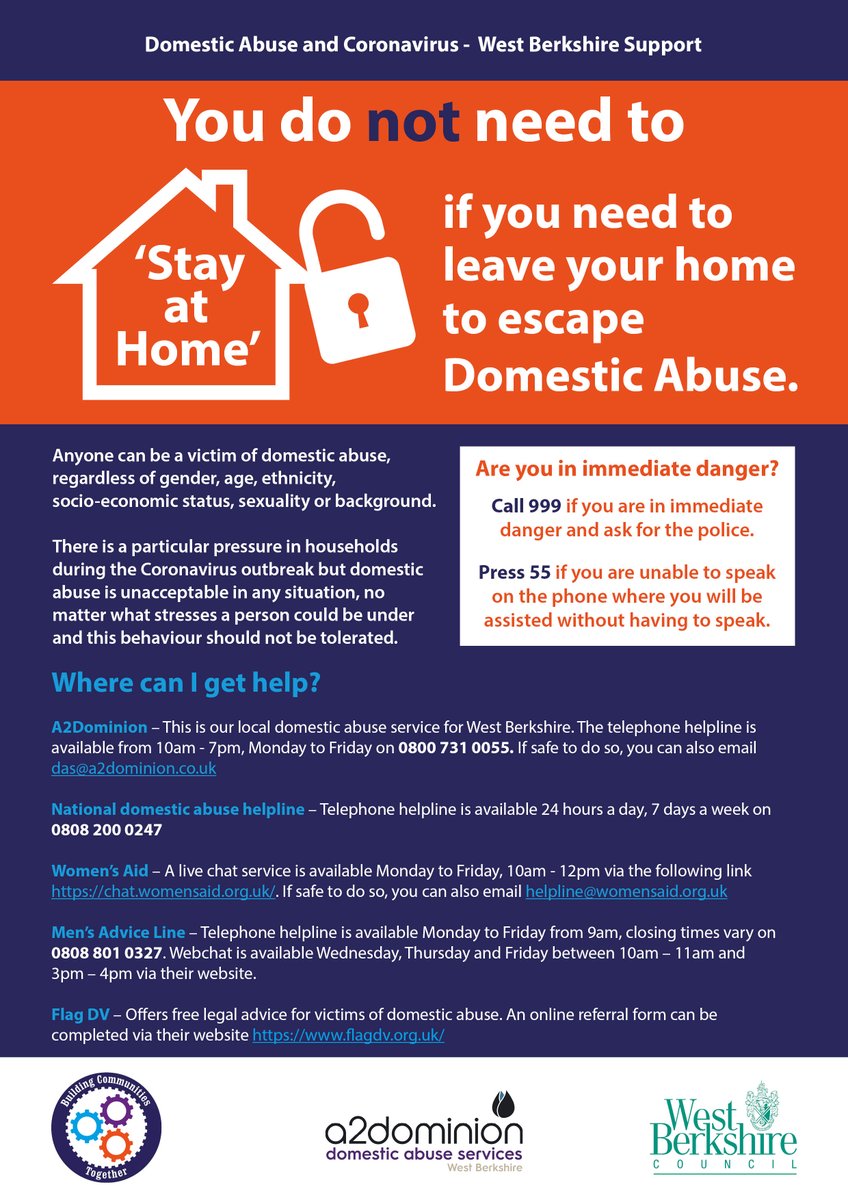 Household isolation instructions as a result of coronavirus do not apply if you need to leave your home to escape domestic abuse. In West Berkshire, support services remain open, Refuge spaces are available and we are here to help. 
More info here: bit.ly/3qawnN6