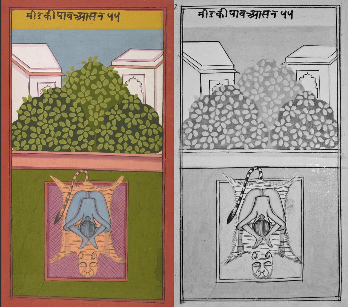 Digitised illustration of hatha yoga pose next to infrared version showing alterations
