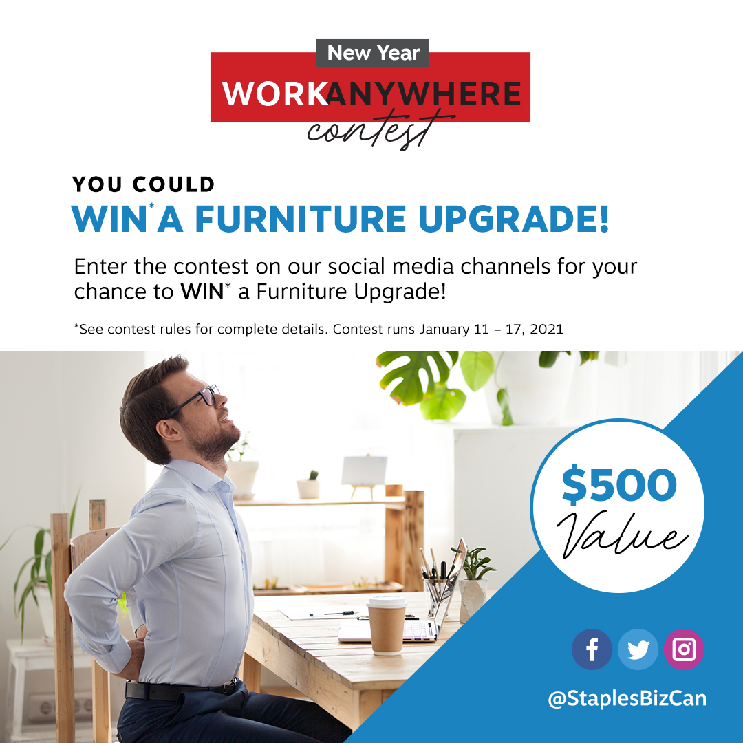 StaplesProf's tweet photo. Enter for a chance to WIN a Furniture Upgrade for your home office worth $500. To enter follow @StaplesBizCan & send us a photo of your office chair & tell us why you need an upgrade below this post using #SBAWorkfromHome. Contest closes Jan 17. Details โ https://t.co/nmZhyAVovg https://t.co/qPoG0xm2p1
