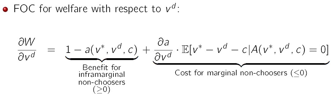 8/ We take first-order approach a la opt. tax theory. What happens if you make the default better by $1? Two effects: Existing default followers (non-choosers) $1 better off. But some enrollees newly induced to take default, bad for them if they’re making a mistake by doing so.