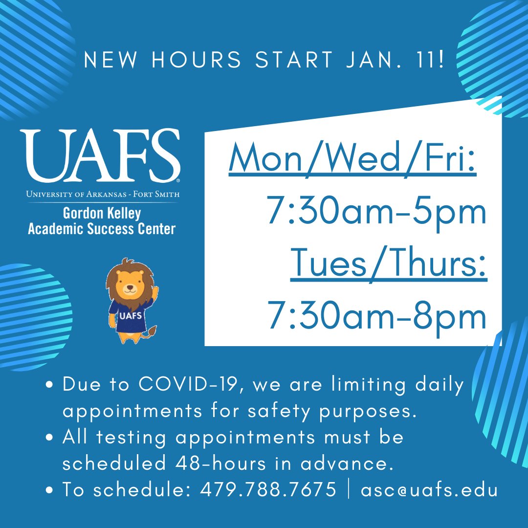 UAFS_ASC's tweet photo. Welcome back, Lions! π¦
We have adjusted our hours for the Spring semester! β²οΈ
#UAFSASC #UAFS https://t.co/mEjGSSOY8N