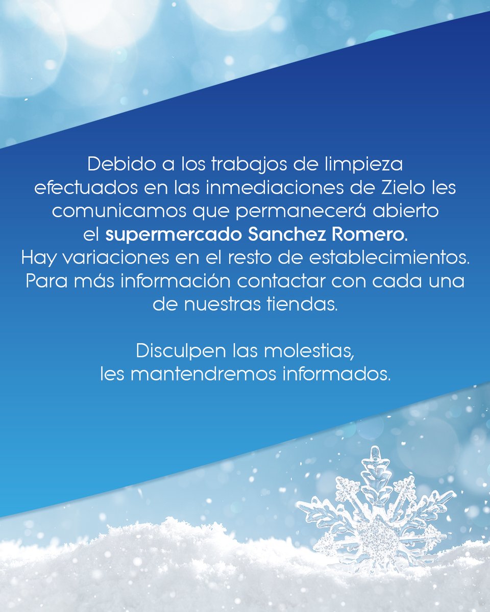 Hoy lunes, 11 de enero, Zielo se encuentra abierto. Debido a la situación meteorológica permanecerán abiertos el supermercado Sanchez Romero. 

Existen variaciones en el resto de operadores. Para más información contactar con el establecimiento en cuestión.