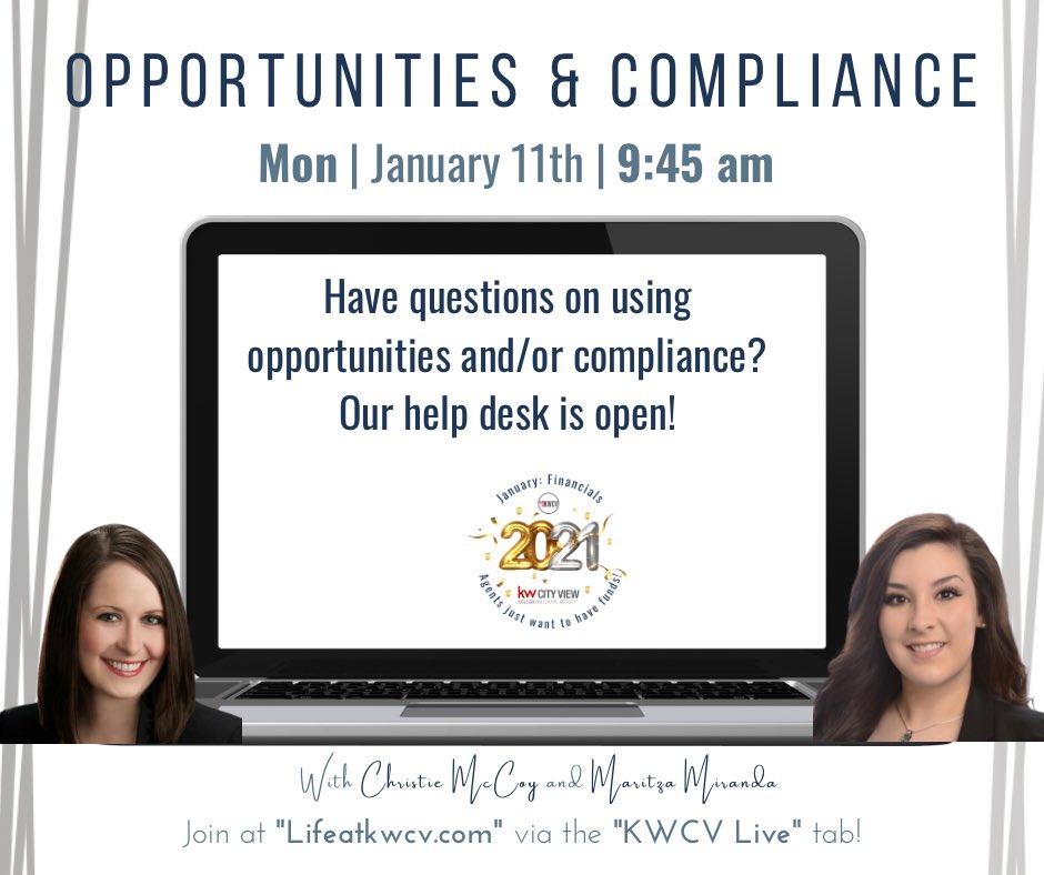 KW_cityview's tweet image. Happy Monday! Today, January 11th we have Opportunities &amp;amp; Compliance with Maritza and Christie at 9:45am, as well as Listing and Buyers Presentation in Command at 2pm with Jannel! You don't want to miss out! 

Join all classes here: lifeatkwcv.com/kwcv-live

#kwcv #lifeatkwcv