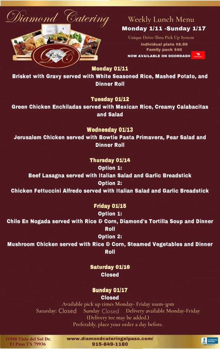 New menu for this week!! 
Starting January 11th 
To place orders you can call our office, send a Facebook message or order through DoorDash.
Pick up is easy and convenient, just drive by and we will bring the food to your car.
#homemade #goodfood #madefreshdaily
