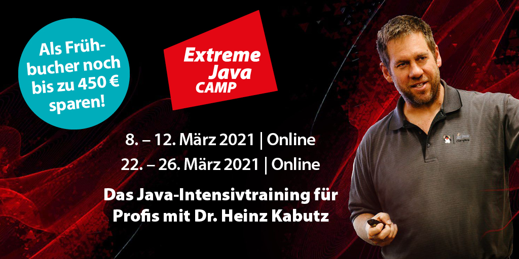 ExtremeJavaCamp's tweet photo. Schon gesehen? Das erste #ExtremeJavaCamp in 2021 startet bereits im März! Im Camp werden u.a. Java NIO & fortgeschrittene Techniken zum Schreiben von #Java Code behandelt.
👍Das Beste: Bis zum 28. Februar kannst du noch zum vergünstigten Preis buchen! https://t.co/iQ59Ubkg8C https://t.co/M3eGdFVZqy