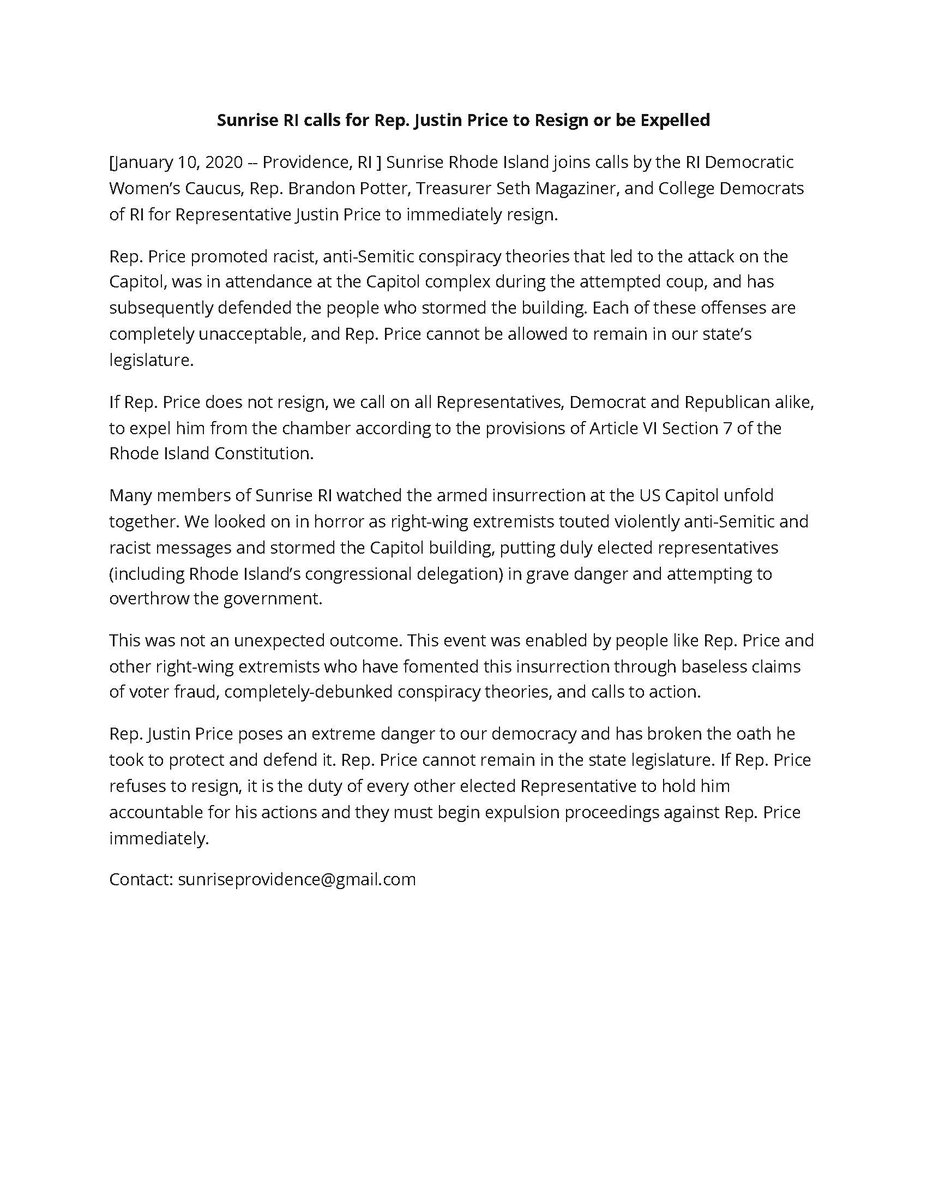 sunrise_PVD's tweet photo. Sunrise RI calls for Rep. Justin Price to Resign or be Expelled

Rep. Price's attendance at the Capitol complex is unacceptable, he cannot be allowed to remain in our state's legislature.

Read our full statement below.

Accessible Document: 
https://t.co/1b8NJcz2DK https://t.co/IPFllxtXBT