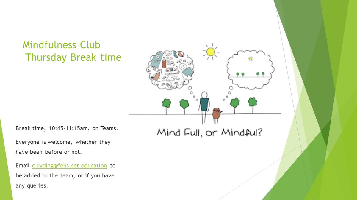 Mindfulness Club is still running on a Thursday - please email Mrs Ryding if you are keen to be involved.  <a href="/ChrissieRyding/">Chrissie Ryding</a> @FEHS_PSHE