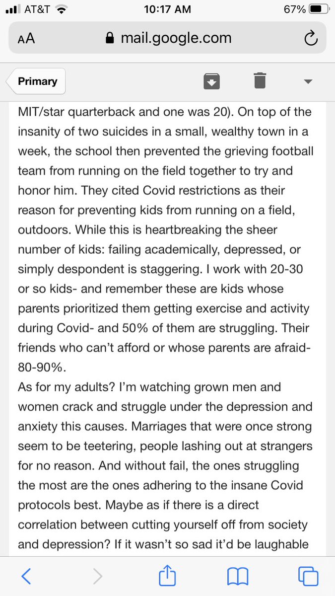 AlexBerenson's tweet photo. From a personal trainer in Illinois (I sense people are almost uniquely willing to be honest with their personal trainers):

“I’m watching kids AND adults fall apart around me... the sheer number of kids failing academically, depressed, or simply despondent is staggering.” https://t.co/6N0uyzlKd3