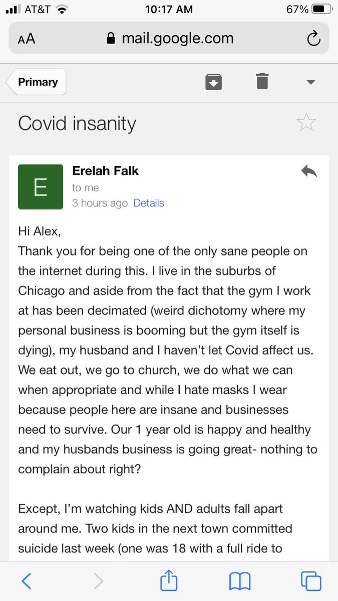 AlexBerenson's tweet photo. From a personal trainer in Illinois (I sense people are almost uniquely willing to be honest with their personal trainers):

“I’m watching kids AND adults fall apart around me... the sheer number of kids failing academically, depressed, or simply despondent is staggering.” https://t.co/6N0uyzlKd3