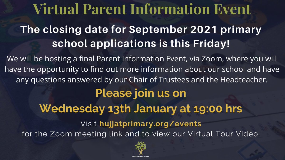 HujjatPrimary's tweet photo. The closing date for applications is Friday 15th January!  Join us on Zoom if you have any last-minute questions you would like answered.  https://t.co/yNMPE9niZy for the link. #EYFS #earlyyears #harrow #primary #freeschool #newschool #islamicethos #faithschool https://t.co/fjR6zinqRY