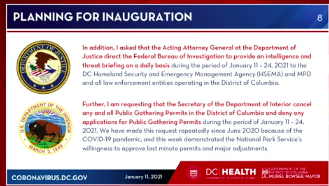 DC Mayor Bowser is asking the Department of the Interior to cancel any and all public gathering permits, and to deny any new public gathering permits in DC from January 11-24