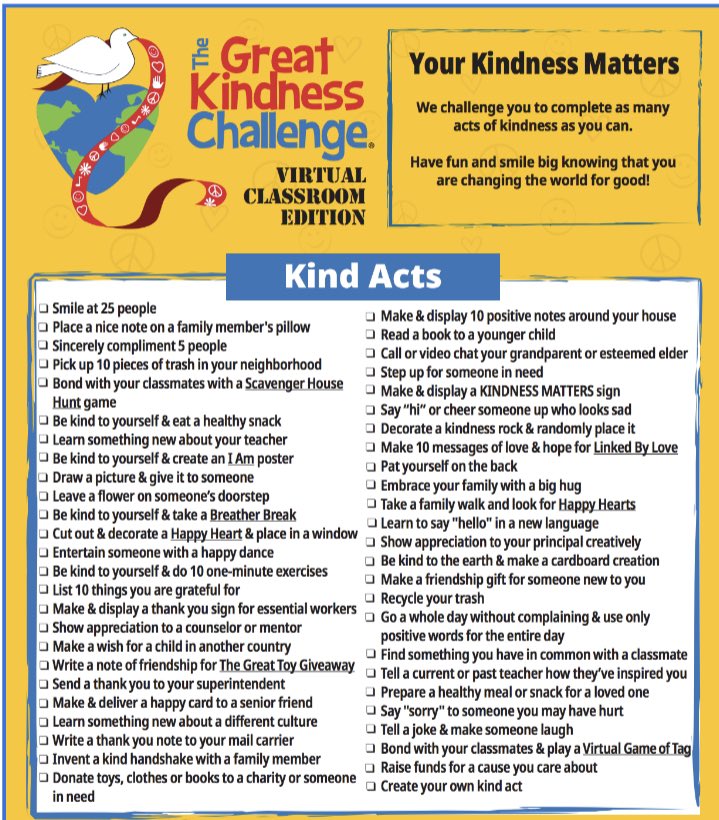 Mindess students are starting off 2021 on a positive note by participating in the Great Kindness Challenge! I can’t wait to see what they do to spread kindness and make our world an even better place! <a href="/KidsforPeace/">Kids for Peace</a> <a href="/MindessClocker/">Claudia Bennett (she/her/hers)</a> <a href="/MindessCounslrs/">Mindess Elementary School Counselors</a>