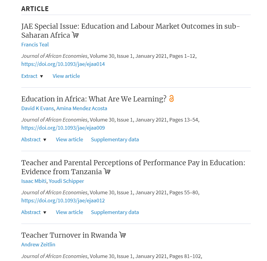 Our review ( https://academic.oup.com/jae/article/30/1/13/5999001) is part of a special issue of the Journal of African Economies dedicated to education and labor markets in Africa ( https://academic.oup.com/jae/issue/30/1&nbsp;). Check it out!