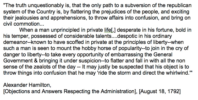 jbf1755's tweet image. Retweeting this because...read the first paragraph.

Democratic systems of government are vulnerable to demagogues because we, the people have the power, and can be misled by "despotic" and "desperate" men. 

Happy Birthday Hamilton.