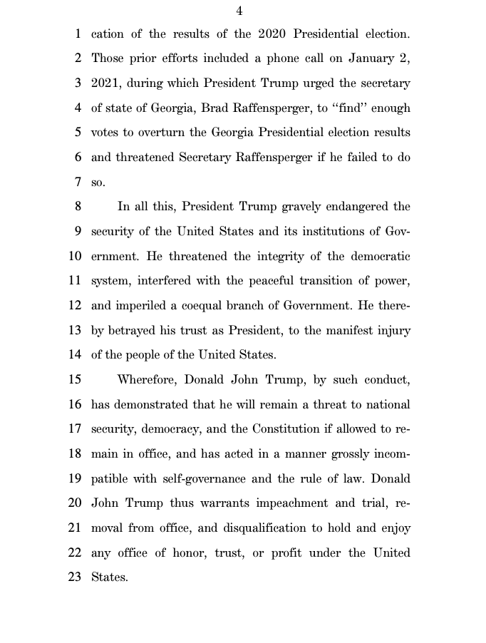 NBCNews's tweet photo. FINAL DRAFT of article of impeachment against President Trump, titled "Incitement of Insurrection." 

The article is expected to be introduced Monday by Reps. Ciciline, Lieu, and Raskin, and has more than 200 Democratic co-sponsors. https://t.co/DAZle1w59g