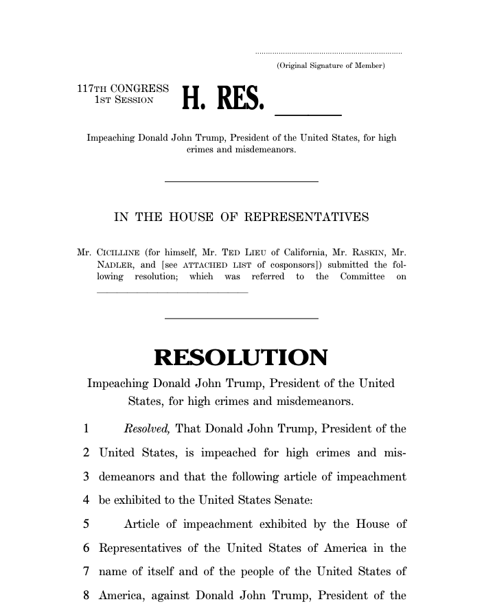 NBCNews's tweet photo. FINAL DRAFT of article of impeachment against President Trump, titled "Incitement of Insurrection." 

The article is expected to be introduced Monday by Reps. Ciciline, Lieu, and Raskin, and has more than 200 Democratic co-sponsors. https://t.co/DAZle1w59g