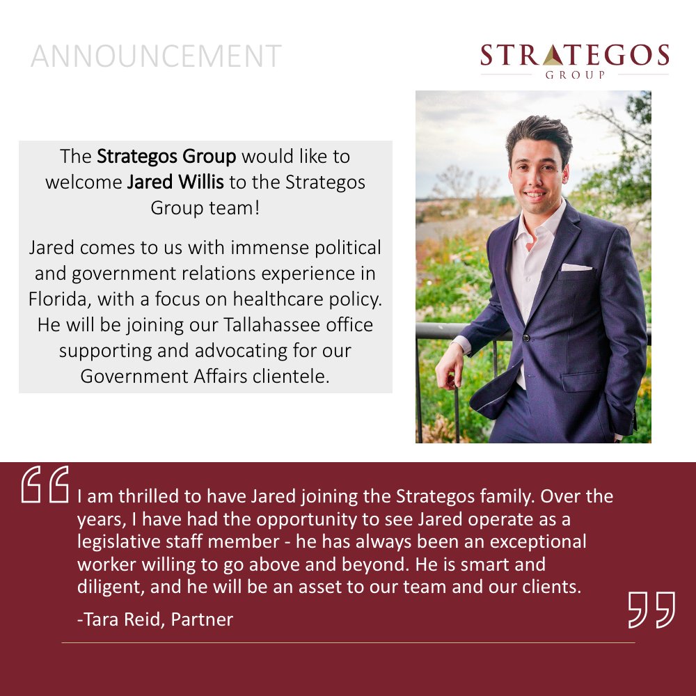 We are thrilled to announce that our team continues to grow in 2021. Please join us in welcoming Jared Willis to the Strategos Group family!

#Welcome #2021 #Team #Healthcare #GovernmentAffairs