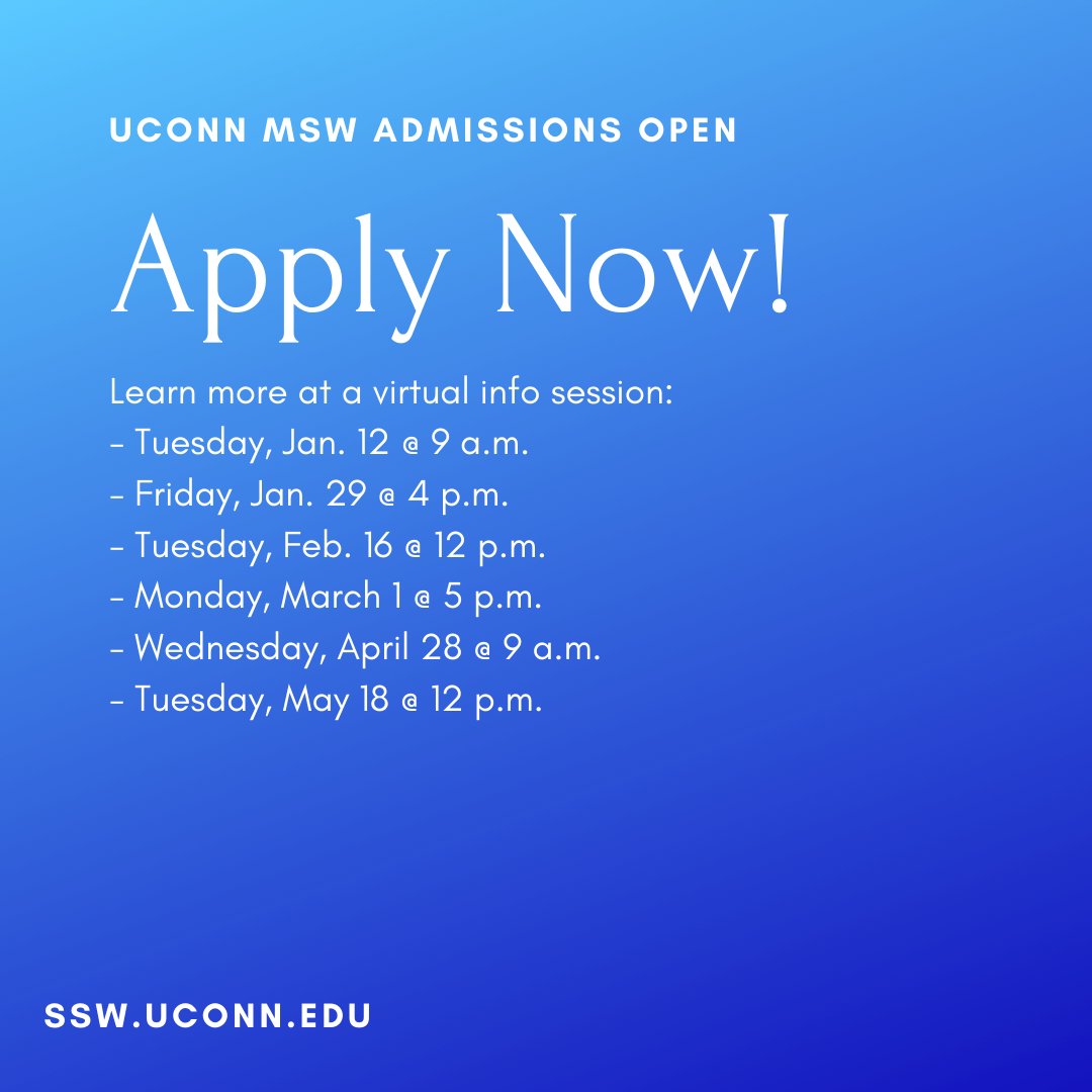 UConnSocialWork's tweet photo. Our MSW application is now open! Apply by 2/15 for Advanced Standing, 3/15 for Early Admission and 6/1 for regular admission to our fall 2021 cohort. https://t.co/fwTj7hR1BG
Learn more at a virtual info session. Register: https://t.co/I7X6Hh46T5
#mswprograms #socialwork https://t.co/1Cby4ZiCiY