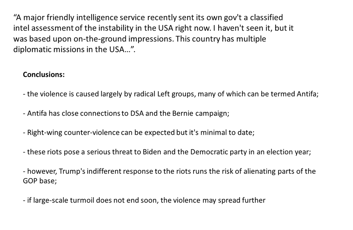 Psssst... 🕵️‍♂️

Al in augustus 2020 waarschuwde een niet nader te noemen Europese inlichtingendienst haar Amerikaanse collega's dat dit uit de hand zou gaan lopen. 

Inmiddels is de situatie 'explosief' te noemen. 

#USElection2020 #CivilUnrest #CivilWarInAmerica