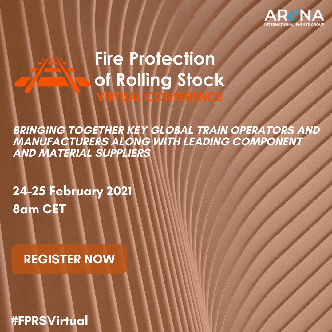 ArenaIntInfra's tweet photo. Register now for Fire Protection of Rolling Stock – Virtual Conference (#FPRSVirtual) going LIVE on 24-25 February 2021 >> https://t.co/Ab2YSOaafW

2021's #virtualconference brings together key global train operators and manufacturers

#fireprotection #rollingstock https://t.co/uq3th7cY1X