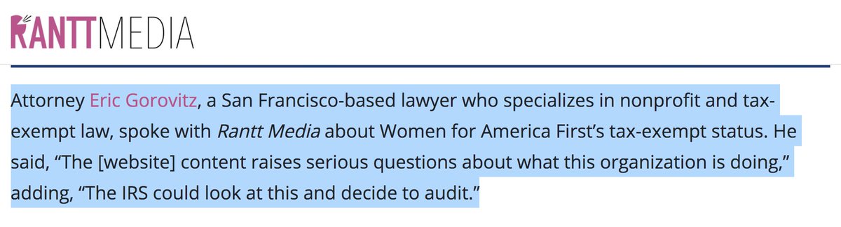 Last year, I wrote an exposé about Amy Kremer. An attorney told me about nonprofit Women for America First: “The [website] content raises serious questions about what this organization is doing,” adding, “The IRS could look at this and decide to audit.”  https://rantt.com/women-for-trump-pac-co-founder-warned-of-late-fec-filing