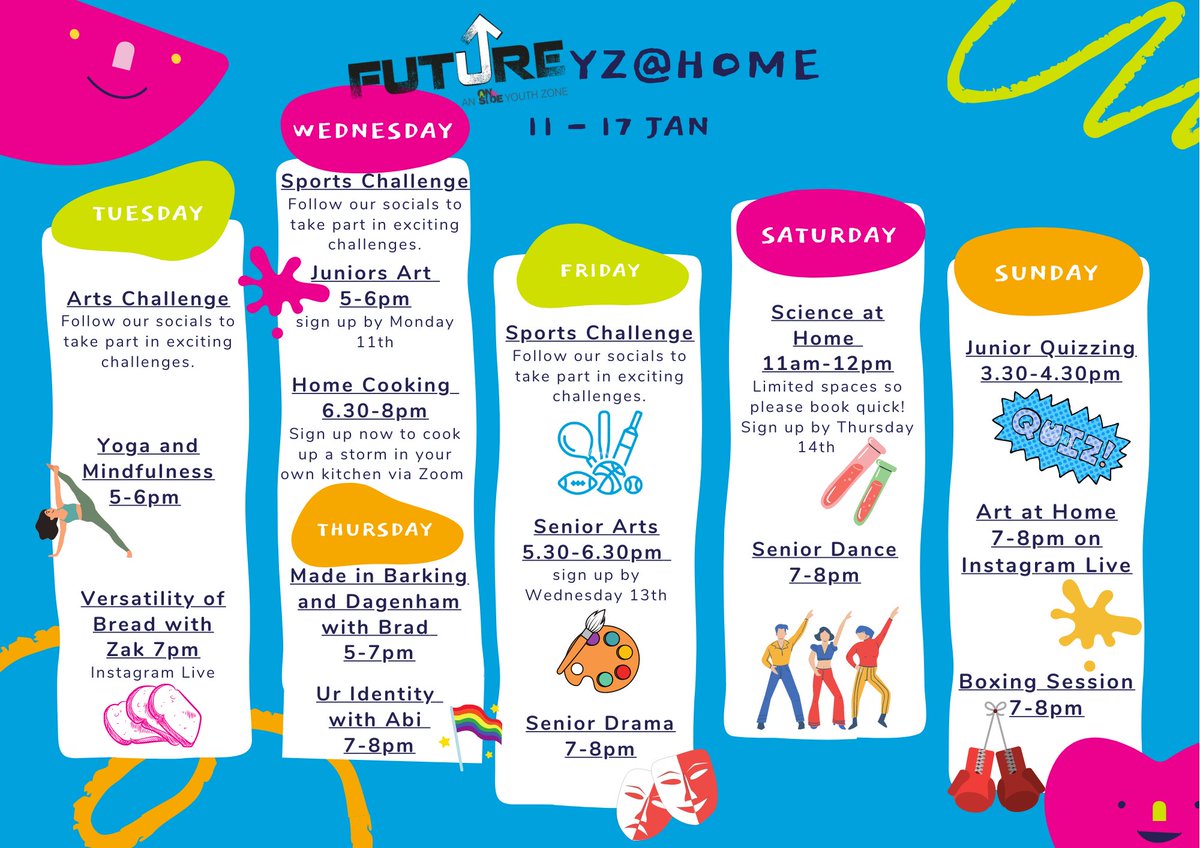 futureyz's tweet photo. β 16 different things to make your week more exciting β
Sign up now via the link below to take part in cooking, yoga, art and much more!
https://t.co/Iu51l3Mim1
#FutureFunAtHome #YZatHome #weeklyschedule #youthwork #youngpeople https://t.co/GP0ud0tXzK