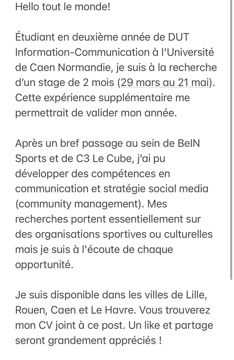 __DonSZZ's tweet photo. ‼️ RECHERCHE DE STAGE | Communication - Journalisme ‼️
-> étudiant en deuxième année de DUT Infocom
-> stage de deux mois du 29 mars au 21 mai 2021
-> idéalement dans une orga sportive ou culturelle 
RT &amp; Like appréciés
#Stage #communication #Journalisme https://t.co/Mrs6vOvqDQ