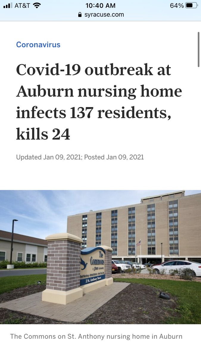 A nursing home in upstate New York is having a massive  #Covid outbreak that has killed 24 residents, about 10%, including 11 since Jan. 6.What’s striking: the outbreak coincides with an aggressive vaccination program - 80% of residents were vaccinated beginning Dec. 22.