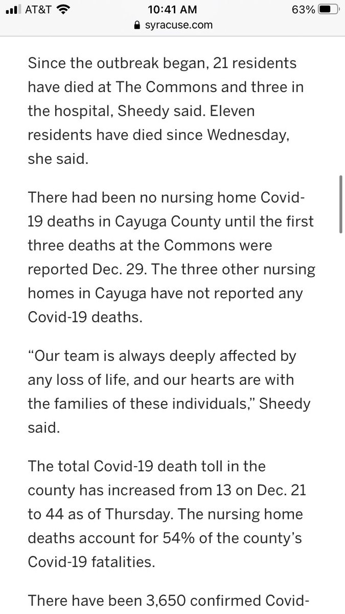 A nursing home in upstate New York is having a massive  #Covid outbreak that has killed 24 residents, about 10%, including 11 since Jan. 6.What’s striking: the outbreak coincides with an aggressive vaccination program - 80% of residents were vaccinated beginning Dec. 22.