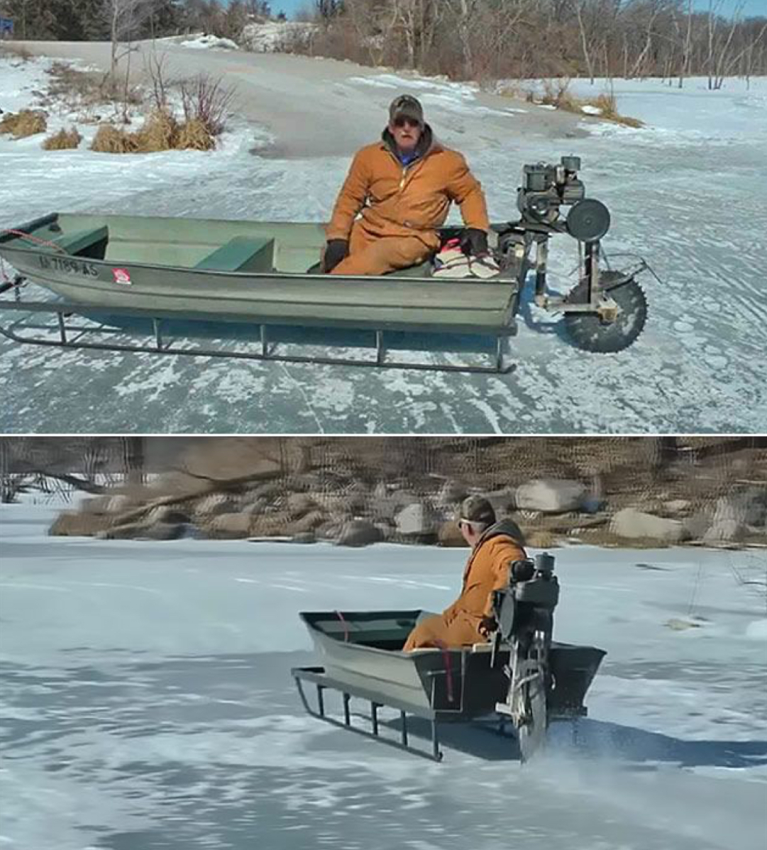 DocksRUsHalifax's tweet photo. This was so crazy I just had to share but we totally do NOT recommend this. This guy made an ice sled from an old boat, steel pipes, gas motor and a saw blade. 😂 #peopleareinteresting #docksrus #halifax https://t.co/OP5OLQQac7