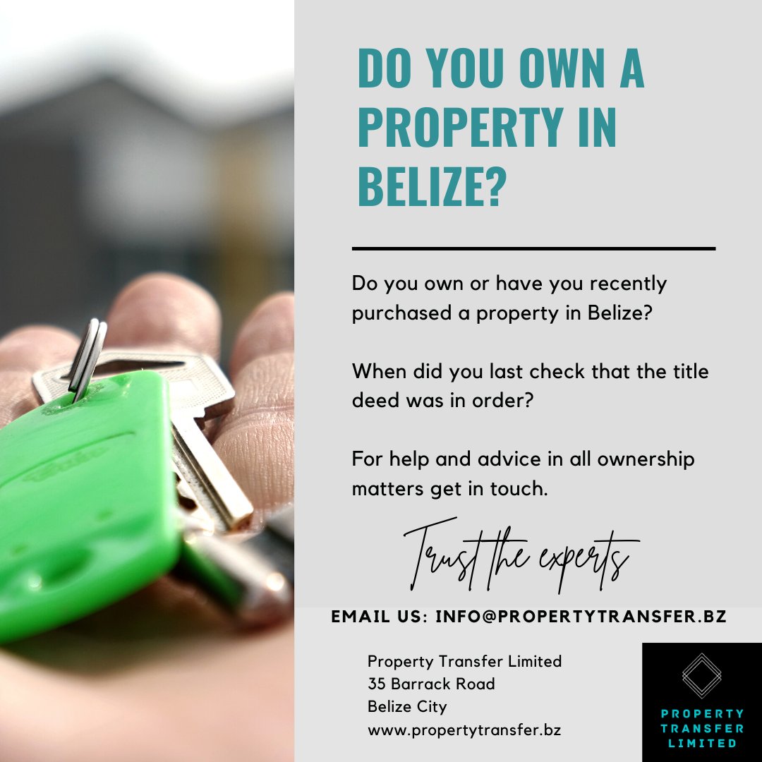 PropTransLtd's tweet photo. Do you own property in Belize? Have you checked to make sure the Title is in order? If you're not sure how to go about checking that you own the title to your property then get in touch with our experts for help. #PropertyTitle #TitleDeeds #BelizeProperty https://t.co/w4EhOAw5oo https://t.co/mmtB4QmloG