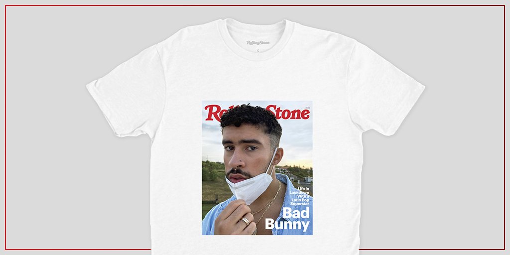 RollingStone's tweet photo. New to the Shop. Our June cover story was not only reported entirely remotely due to the pandemic — but photographed by Bad Bunny’s girlfriend, 26-year-old Gabriela Berlingeri, while they quarantined together in Puerto Rico #RollingStoneShop https://t.co/rRkitey1pa https://t.co/RbFgUxA5gK