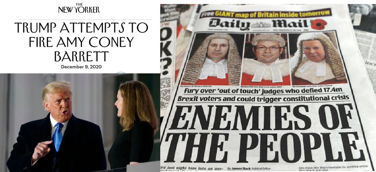 The same attacks on the judiciary.Trump expecting his nominated Supreme Court Justice to back him up on his voter fraud claims.UK press calling our Supreme Court the enemies of the people for simply upholding the law.