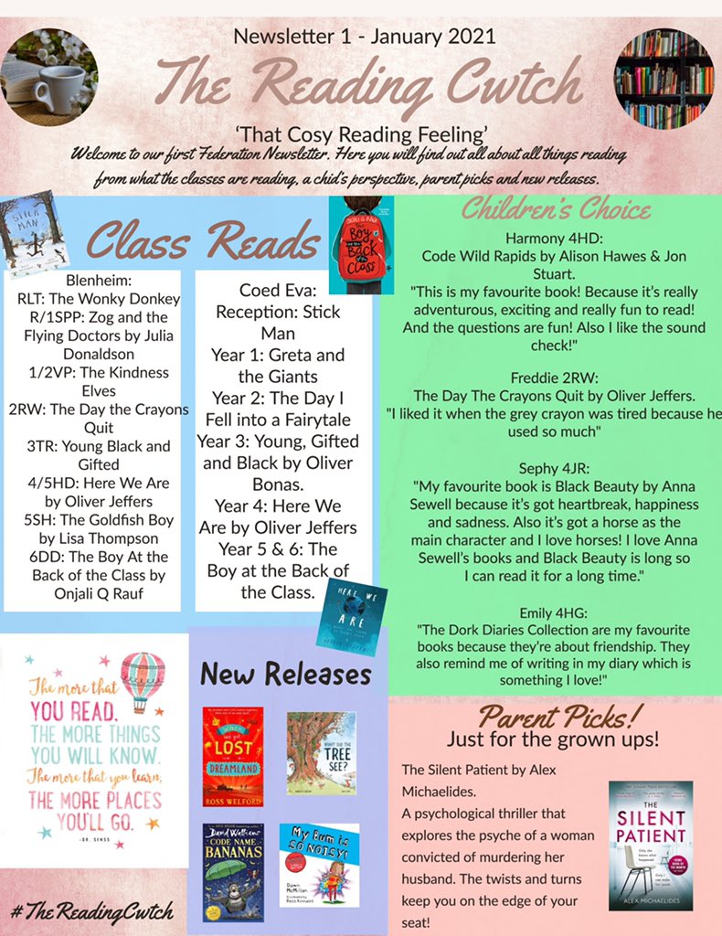 TheFederation1's tweet photo. Here is our Federated Reading Newsletter ‘The Reading Cwtch!’ 📚🎉 Our first edition to support Reading for Pleasure across our schools! Take a look 👀📚 @OpenUni_RfP @_Reading_Rocks_ @EAS_LLCEnglish https://t.co/Lekm9F0LIp