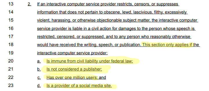 First of all, let's look at the last of those images. There's no question that this would target conduct immune under federal law - and, in fact, if 230 were repealed nobody could ever be liable under this law (since it only reaches immune conduct). So it's incredibly stupid.