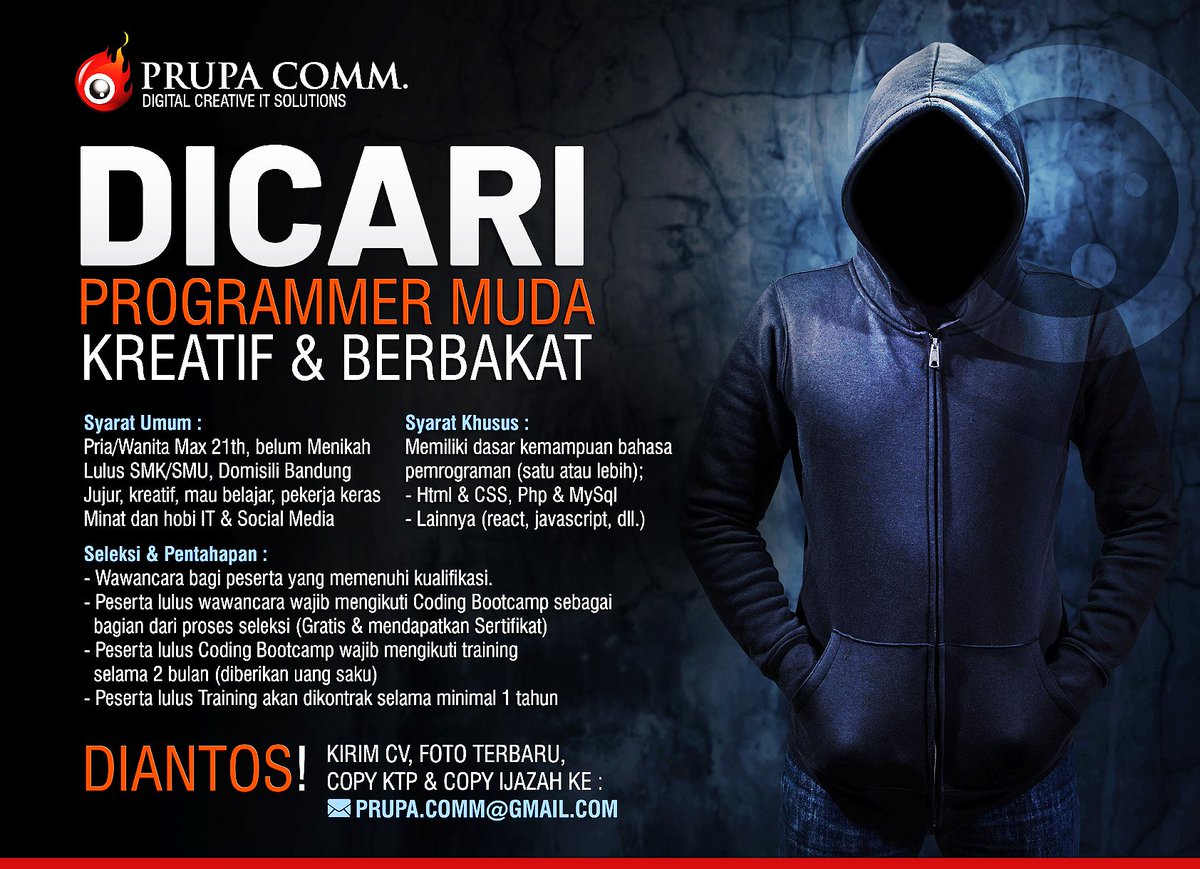 LokerBdg's tweet photo. #loker! Taruwit mahir dalam programming? Prupa Comm sedang mencari programmer muda, kreatif dan berbakat. Syarat Umum : Pria/ wanita max 21th, Belum menikah. Lulus SMK/ SMU, Domisili Bandung. Segera kirim CV, foto terbaru, copy ktp &amp; copy ijazah ke : prupa.comm@gmail.com https://t.co/Rw0HFgNfXW