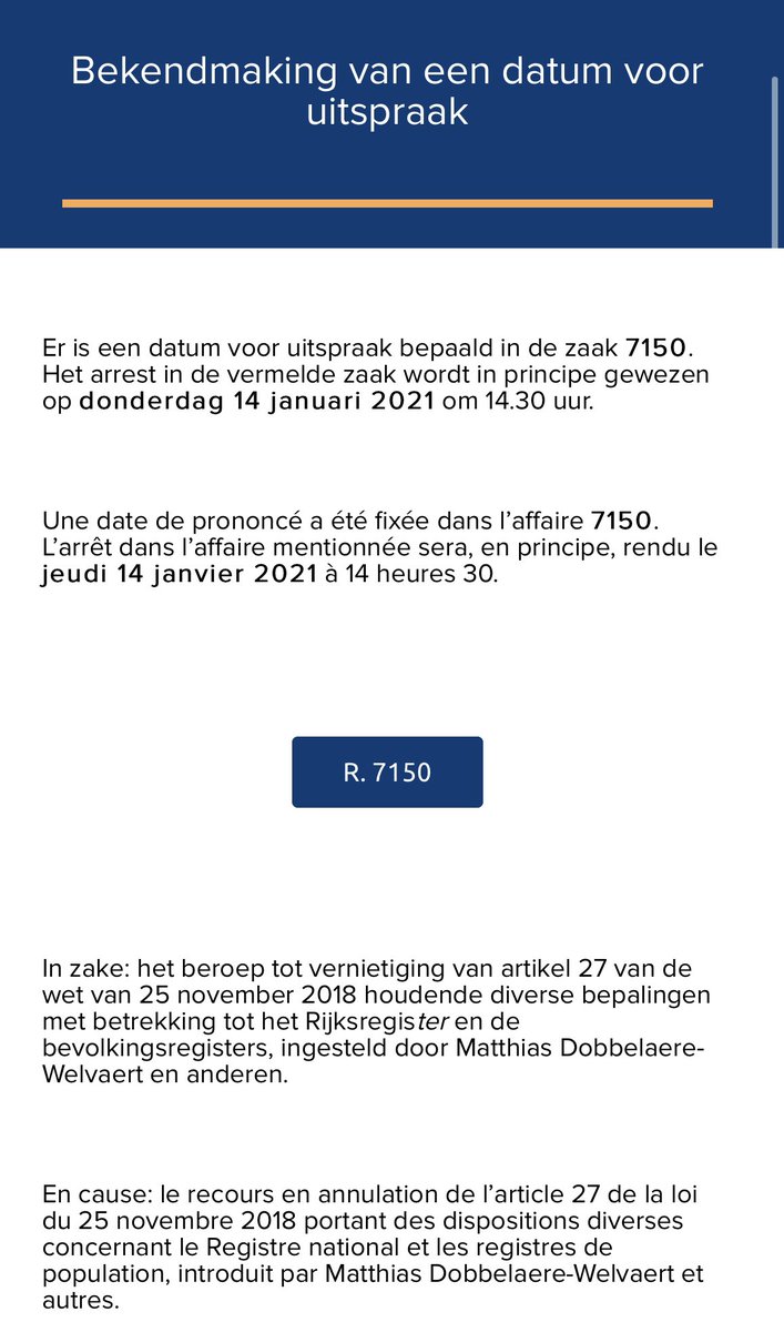 Een uitspraak over onze zaak wordt verwacht komende donderdag omstreeks 14u30. Dat maakt het Grondwettelijk Hof ons zonet bekend.