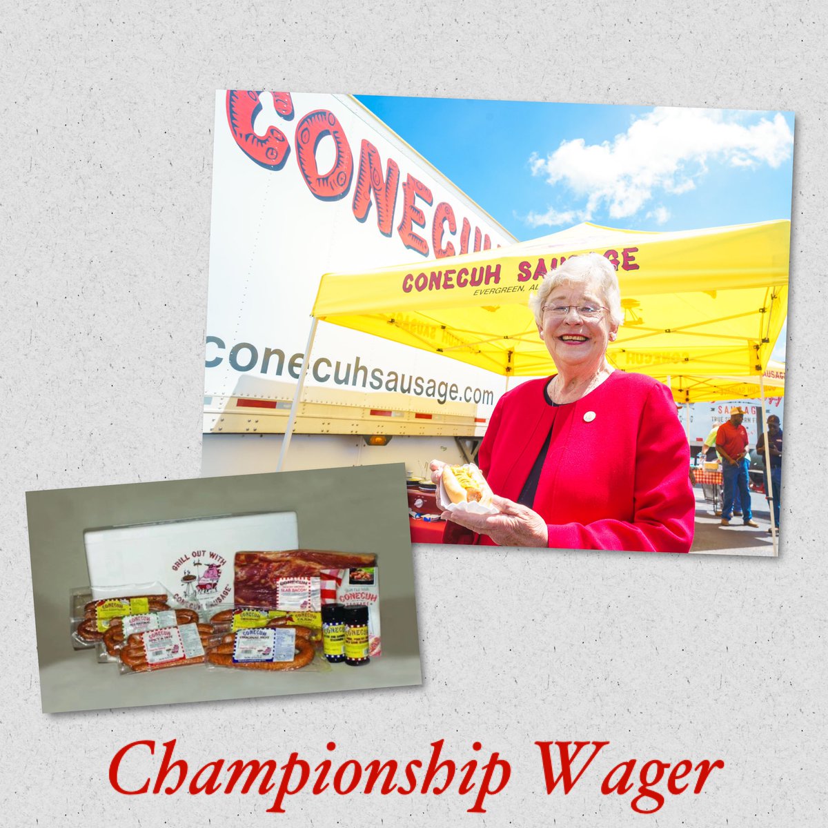 GovernorKayIvey's tweet photo. To raise the stakes on tonight’s #NationalChampionship game, I’m wagering a @ConecuhSausage prize pack in a friendly competition with @GovMikeDeWine. As much as I would love to share these yummy #MadeinAL products, I hope @AlabamaFTBL gets the W. Let’s go, BAMA! #RollTide https://t.co/qDbiRWxNaF