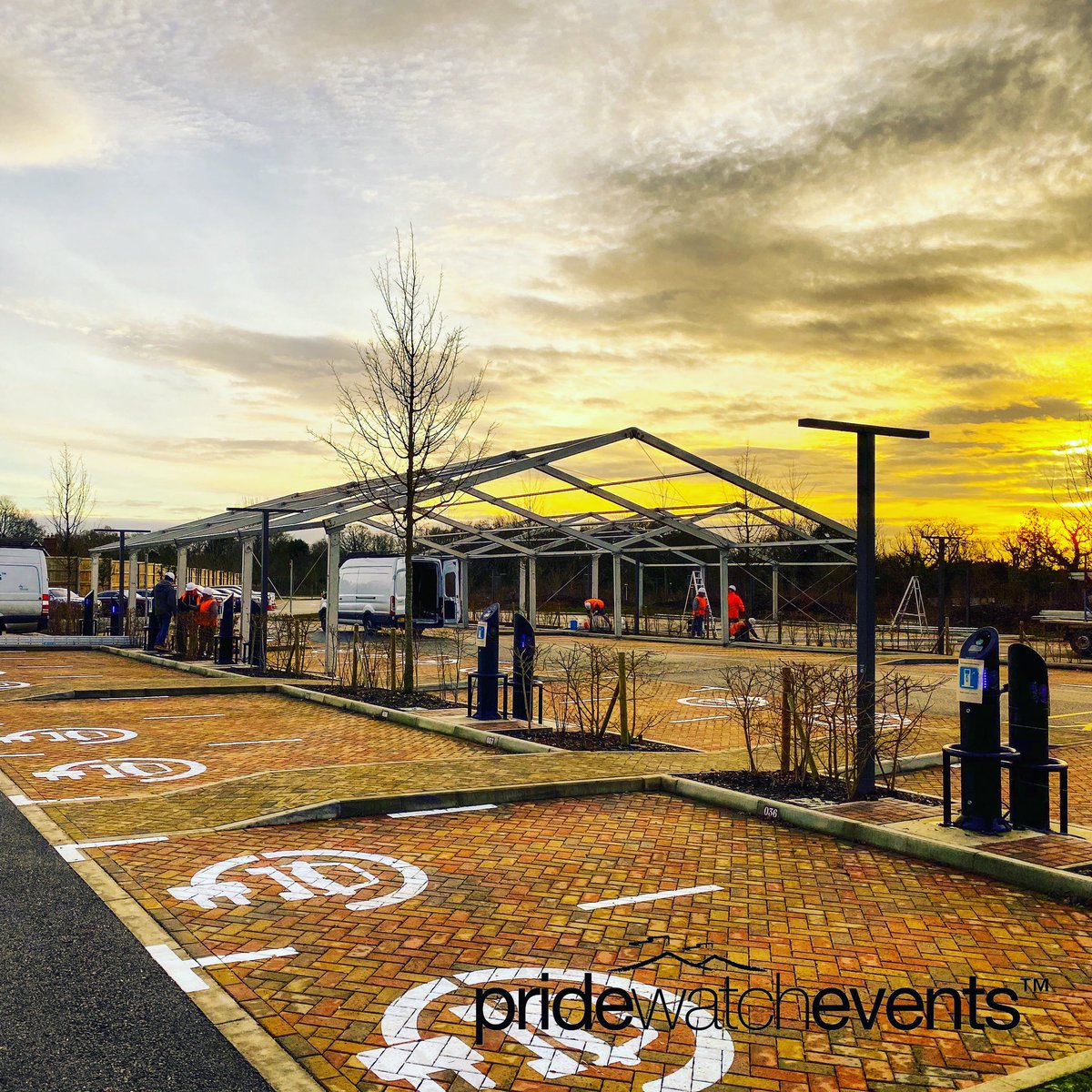 The sunset finishing the first day of an eleventh hour request to deliver a drive through lateral flow test centre for a major car manufacturer. #temporarystructures #MUTAmember #marquee #teamworkmakesthedreamwork #coronavirusuk #keepbritaingoing #drivethrutestcentre