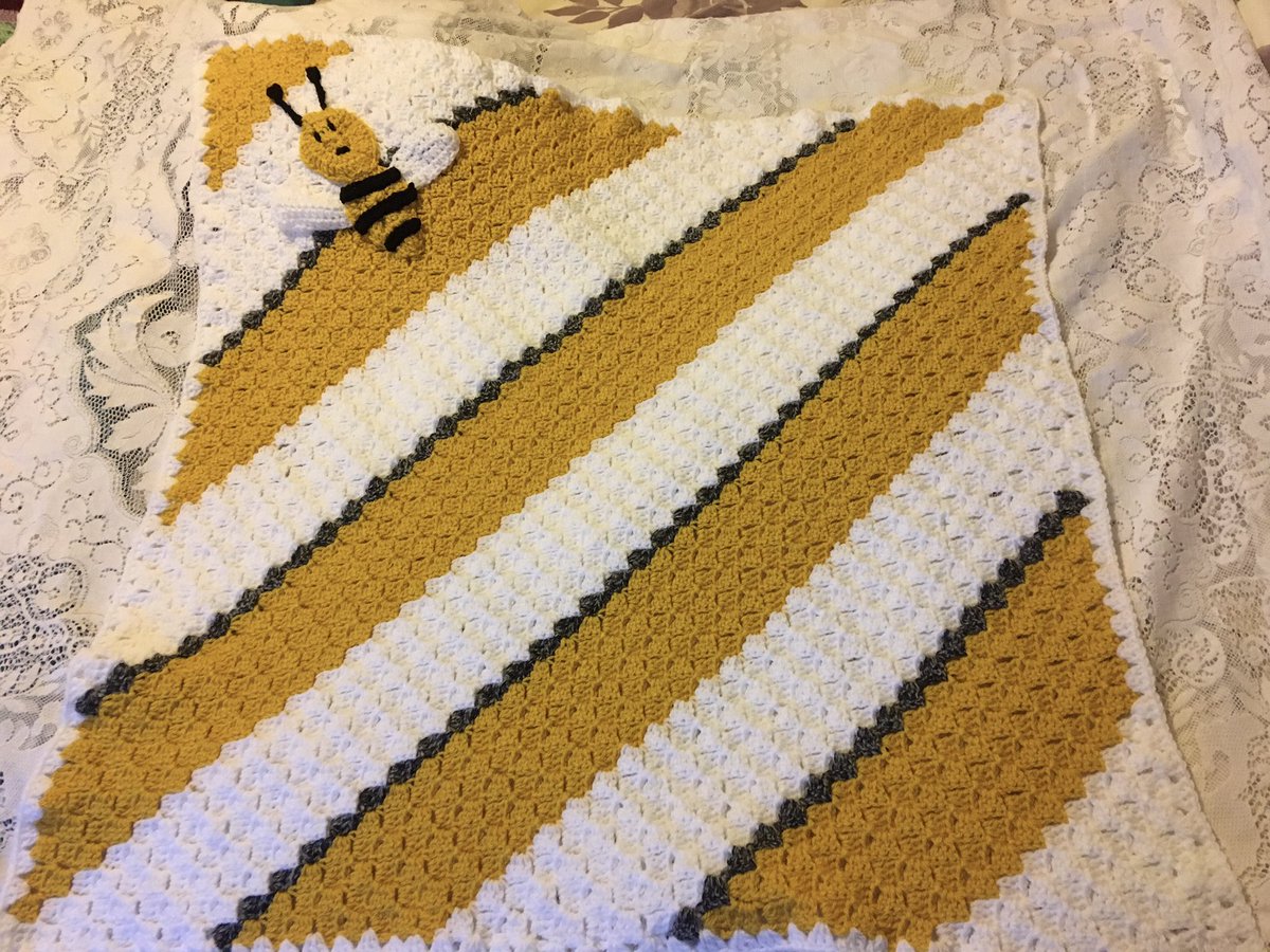 HandKnittedLove's tweet photo. I’ve finally completed my bumble bee baby blanket I’ve used a C2C crochet stitch &amp; the bumble bee motif inspired by #ohbeehave #theyarnconspiracy the baby blanket is for sale &amp; will make a beautiful gift! #crochet #babyblanket #handmade #babygift #bumblebeeblanket #babygiftideas https://t.co/LrIr4NILdi