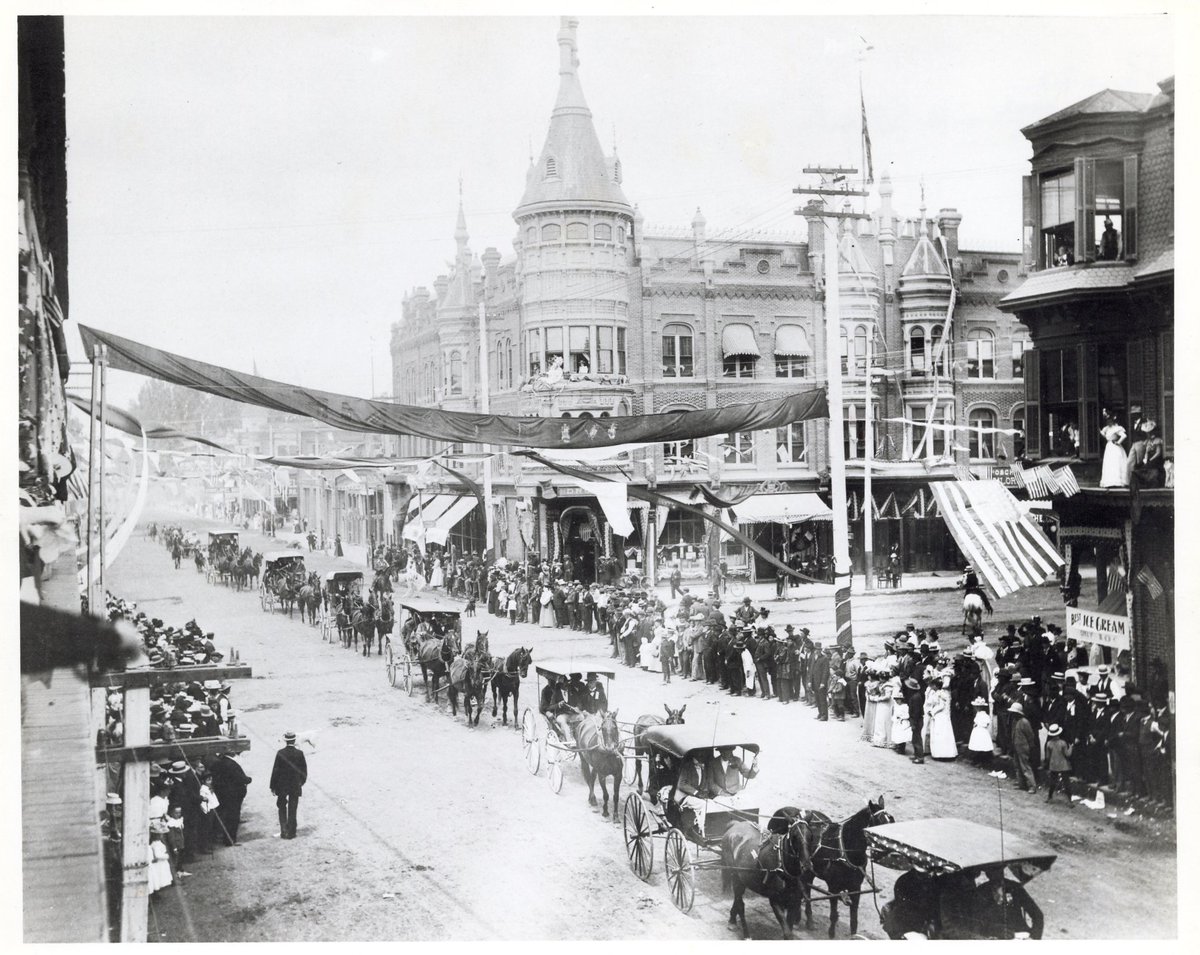 19th & K St. parade celebrating first train arrival on S.F. & S.J.V. Railroad, May 1898