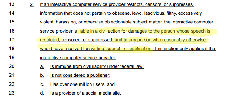 Separately, lets look at the cause of action it creates: Not just liability to the banned user, but liability to the world at large - anyone who wanted to hear from them.