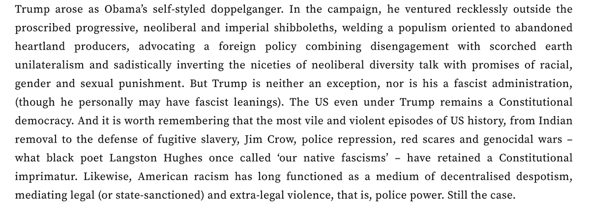 I have long argued the specter of fascism shadows US politics, though I have demurred when it comes to describing the Trump Administration in those terms, and continue to think that claim is muddled when it comes to understanding the balance of forces in the country at present.