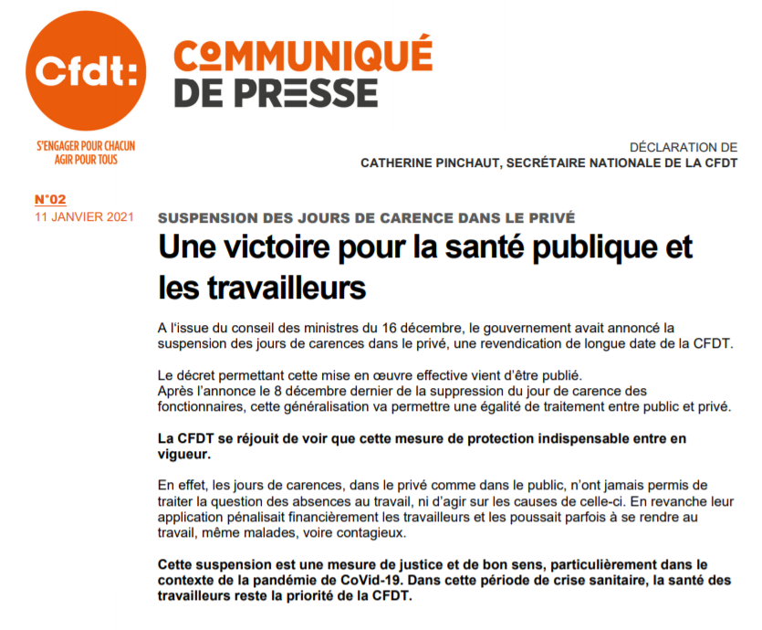 CFDT's tweet photo. || COMMUNIQUE DE PRESSE || La @CFDT se réjouit de voir l'application de la suspension des jour de carence dans le privé, mesure de justice et de bon sens, particulièrement dans le contexte de la pandémie de #COVIDー19 

https://t.co/0aKGPwdeyN https://t.co/gWyCG0kMqk