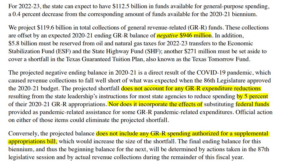 But that ending balance for 2021 will change after  #txlege finalizes a supplemental  #txbudget bill that makes the 5% interim cuts requested in 2020 ($1 billion?) and deals with shortfalls in health care (Medicaid, prisons). Another unknown: add'l federal aid that can replace GR.