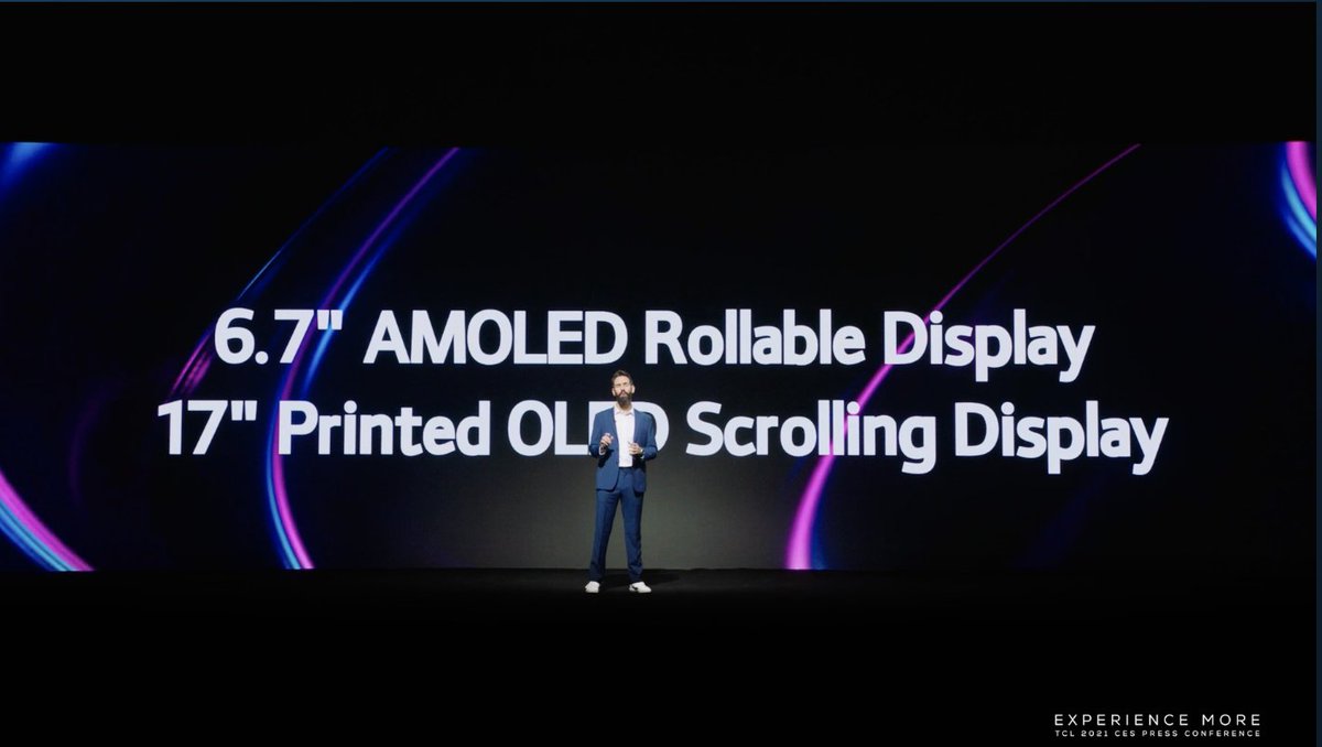 benwood's tweet photo. Next up at #CES2021 is @TCL_TV_Global / @TCLMobileGlobal - unsurprising focus on TV given its #2 global position but interesting to see development roadmap for #scrollable and #rollable displays - albeit at what looks like an early stage. #CES https://t.co/5EHwy6CISA