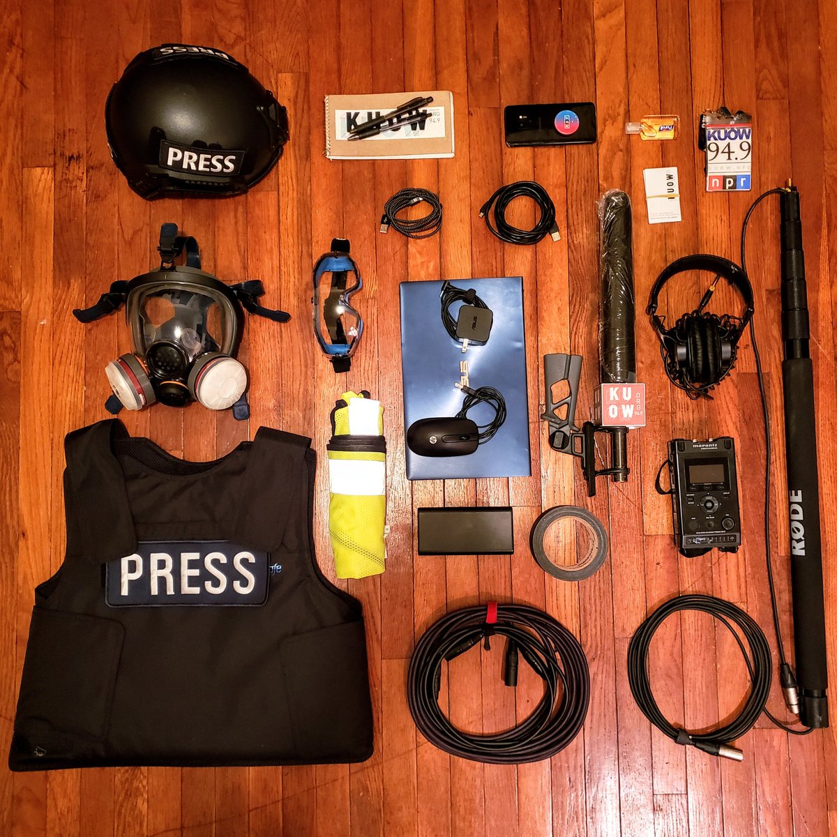 Good morning. I'm headed to the Washington State Capitol in Olympia where far-right groups are assembling. This is the minimum gear I have to equip to cover both law enforcement and extremists who threaten journalists. Not pictured: covid masks + first aid kit.