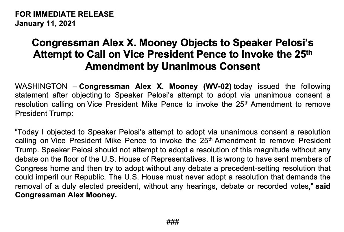 Rep Alex Mooney Today I Objected To Speaker Pelosi S Attempt To Adopt Via Unanimous Consent A Resolution Calling On Vice President Mike Pence To Invoke The 25th Amendment To Remove