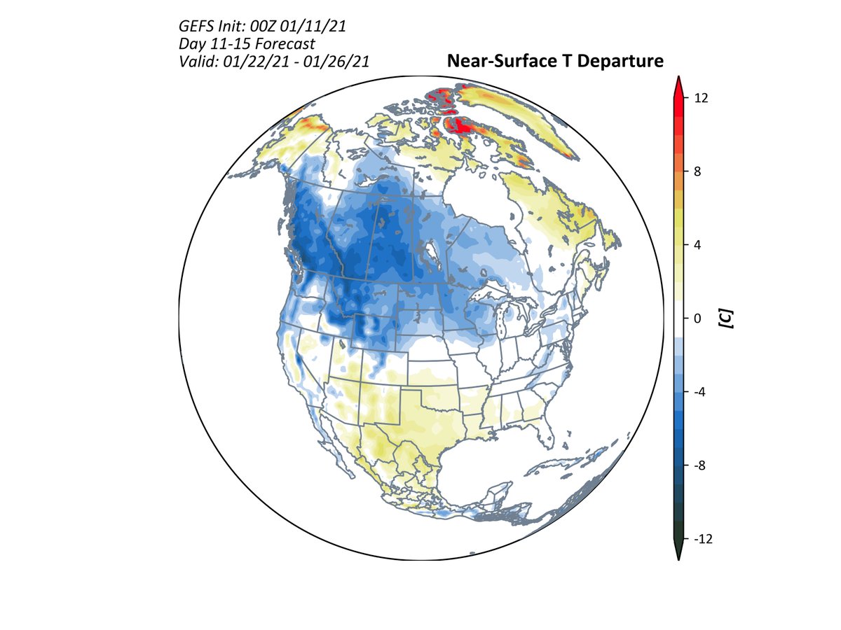 While Europe enters the Deep Freeze following the SSW event, North America will have to wait to see what happens in the Pacific. GEFS shows ridging building more in the Aleutians, which would allow cold to slide into the W US and Canada late Jan. 1/